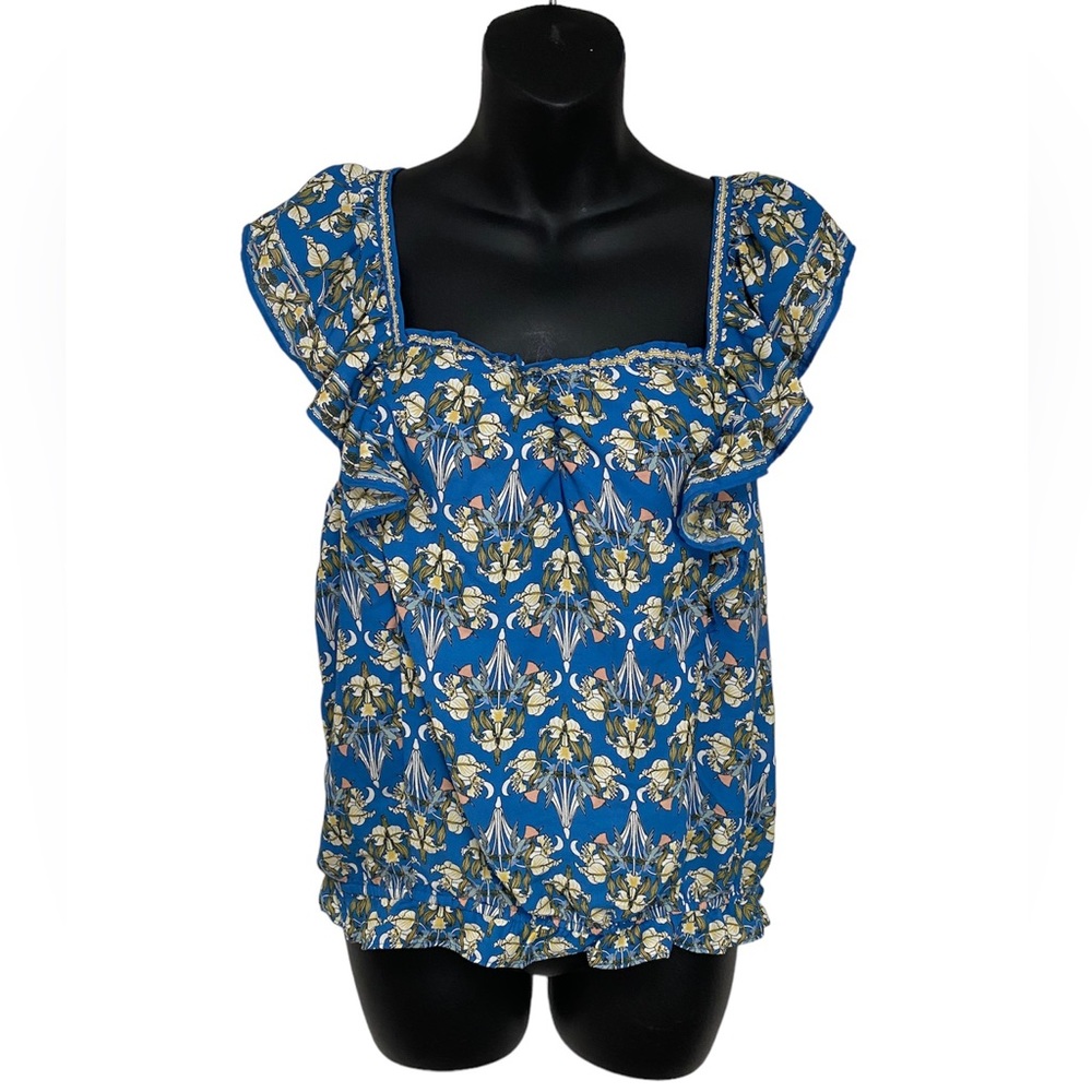 Max Studio Blue Floral Flutter Strap Boho Blouse